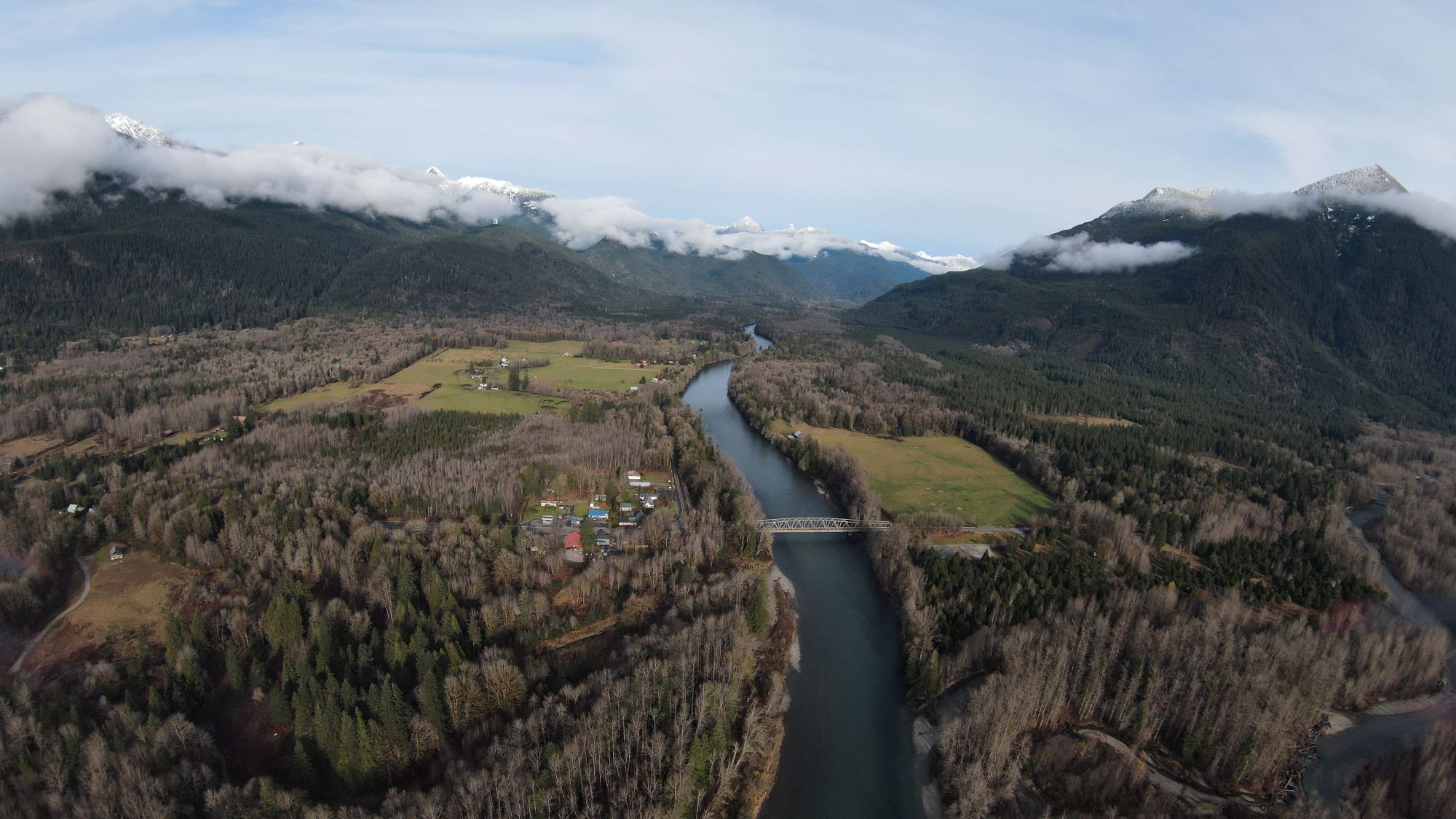 Marblemount from the air, including Pressentin Park and the Boat Launch