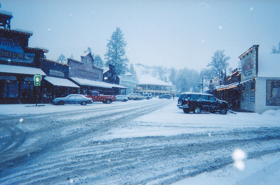 Snow-covered downtown Winthrop showing the value of a walkable winter base 