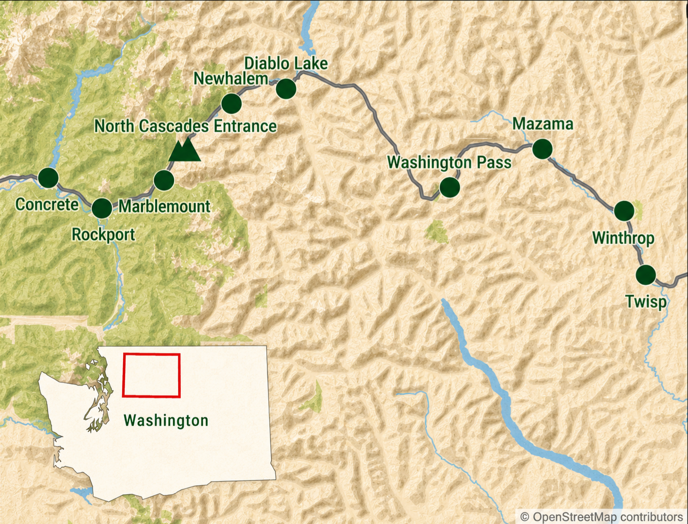 The full Highway 20 corridor from Concrete through the North Cascades and Methow Valley.