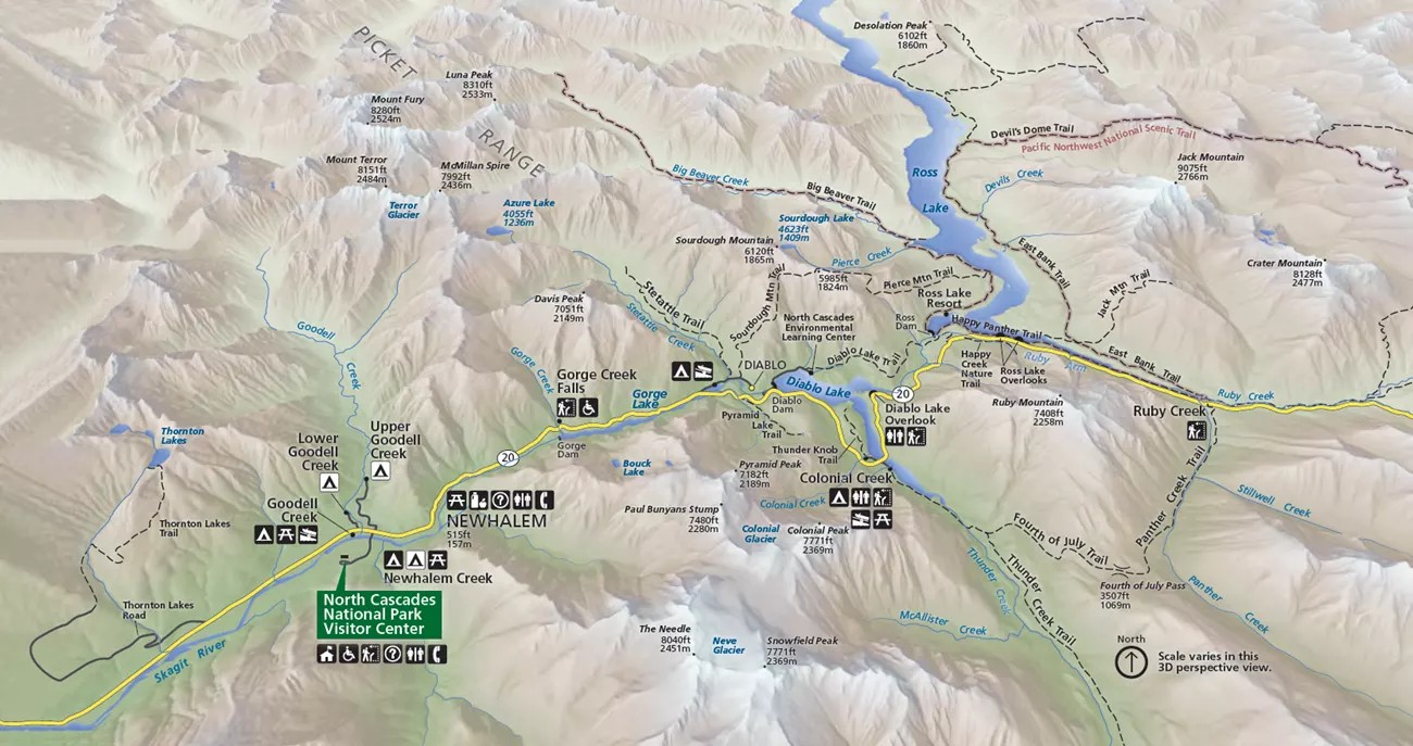 NPS: North Cascades Highway map visual with stops