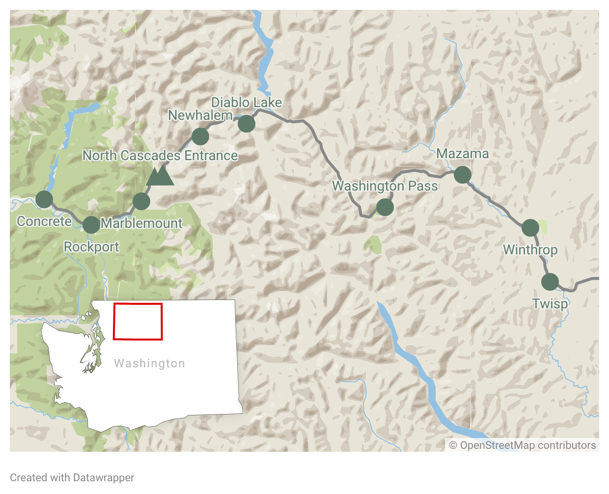 Map of towns along the SR-20 North Cascades Corridor