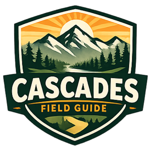 Shield-style logo for “Cascades Field Guide” featuring a deep green border and banner with bold cream lettering. Inside the shield is a scenic mountain landscape with a winding turquoise river, evergreen trees, and a soaring bird against a warm sunset sky. The lower portion includes a small emblem centered beneath the text, reinforcing an outdoor exploration theme.